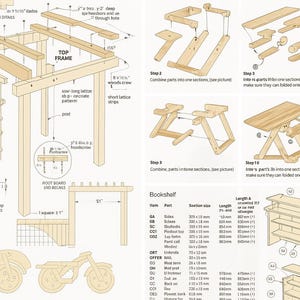 May include: Detailed diagram of wooden structures, including a pergola, folding tables, and a bookshelf. The image shows assembly instructions with measurements in inches and feet, along with parts lists and diagrams.