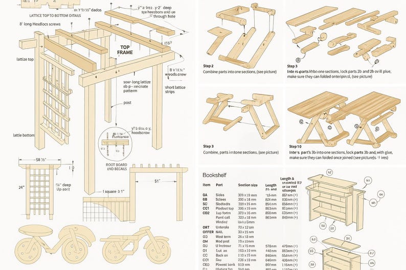 May include: Detailed diagram of wooden structures, including a pergola, folding tables, and a bookshelf. The image shows assembly instructions with measurements in inches and feet, along with parts lists and diagrams.