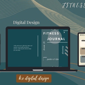 Puede incluir: Un diseño digital para una aplicación de diario de fitness. El diseño presenta una computadora portátil, un teléfono y una tableta. La pantalla de la computadora portátil muestra una maqueta de la aplicación, que incluye el texto "Fitness Journal", "dream fit", "guides & tips", y "planning". La pantalla del teléfono muestra un calendario con corazones. La pantalla de la tableta muestra un planificador semanal con cuadrados para cada día.