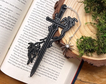 Playful Dragons Sword Faux Leather Bookmark, Fantasy Bookmark, Elven-Inspired Bookmark, Gift for Readers, Elf Fairy Faerie Fae, Dragon Gift