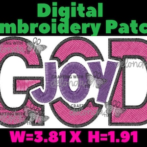 May include: Embroidered patch with the word "GOD" in pink and purple letters with black outlines. The patch is 3.81 inches wide and 1.91 inches high.