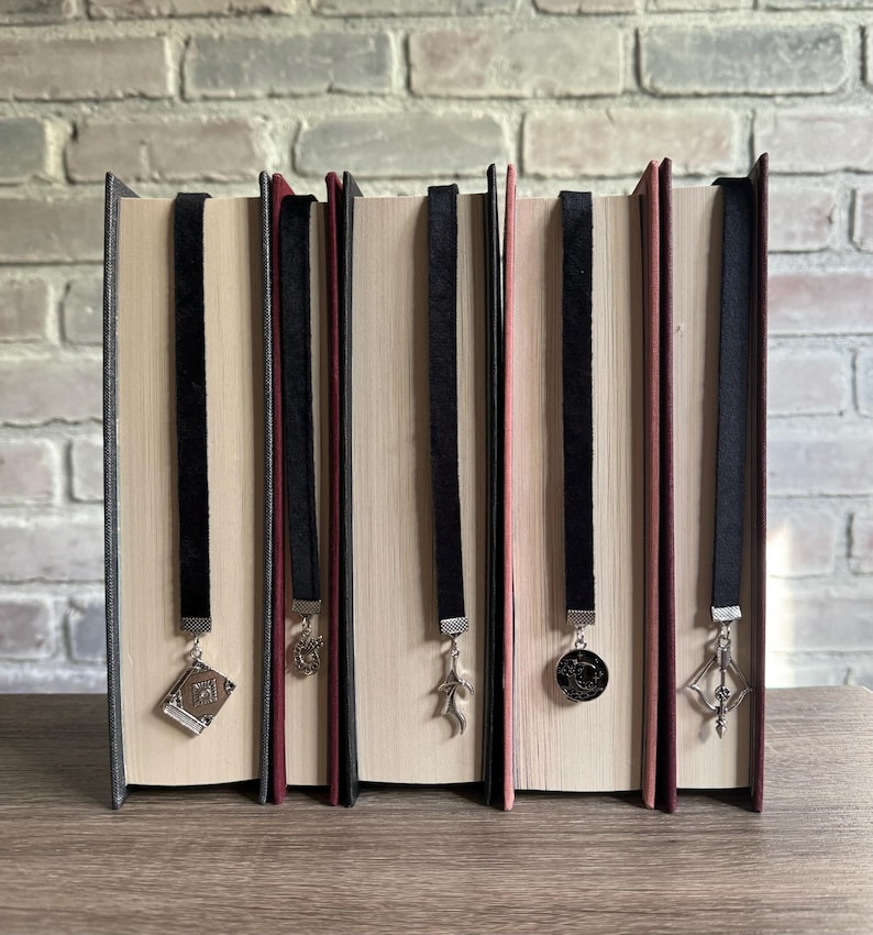 May include: Five hardback books with black velvet ribbon bookmarks. Each bookmark has a different silver charm: a book, a dragon, a feather, a coin, and a decorative arrow. The books are on a wooden surface with a brick background.