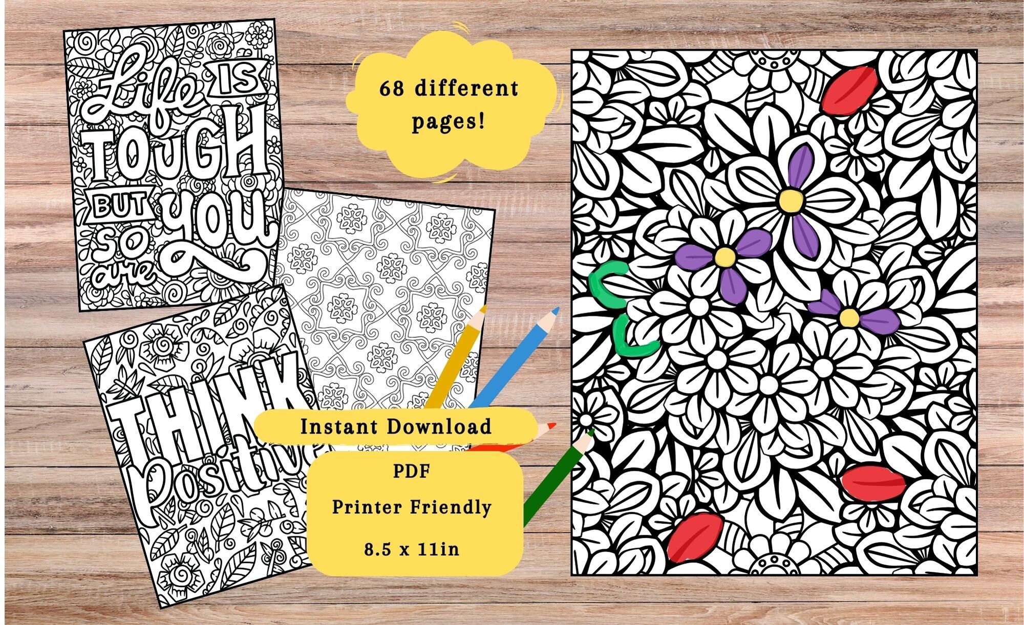 68 Adult Coloring Pages Flower Mandala Positive Quotes Instant Download ...
