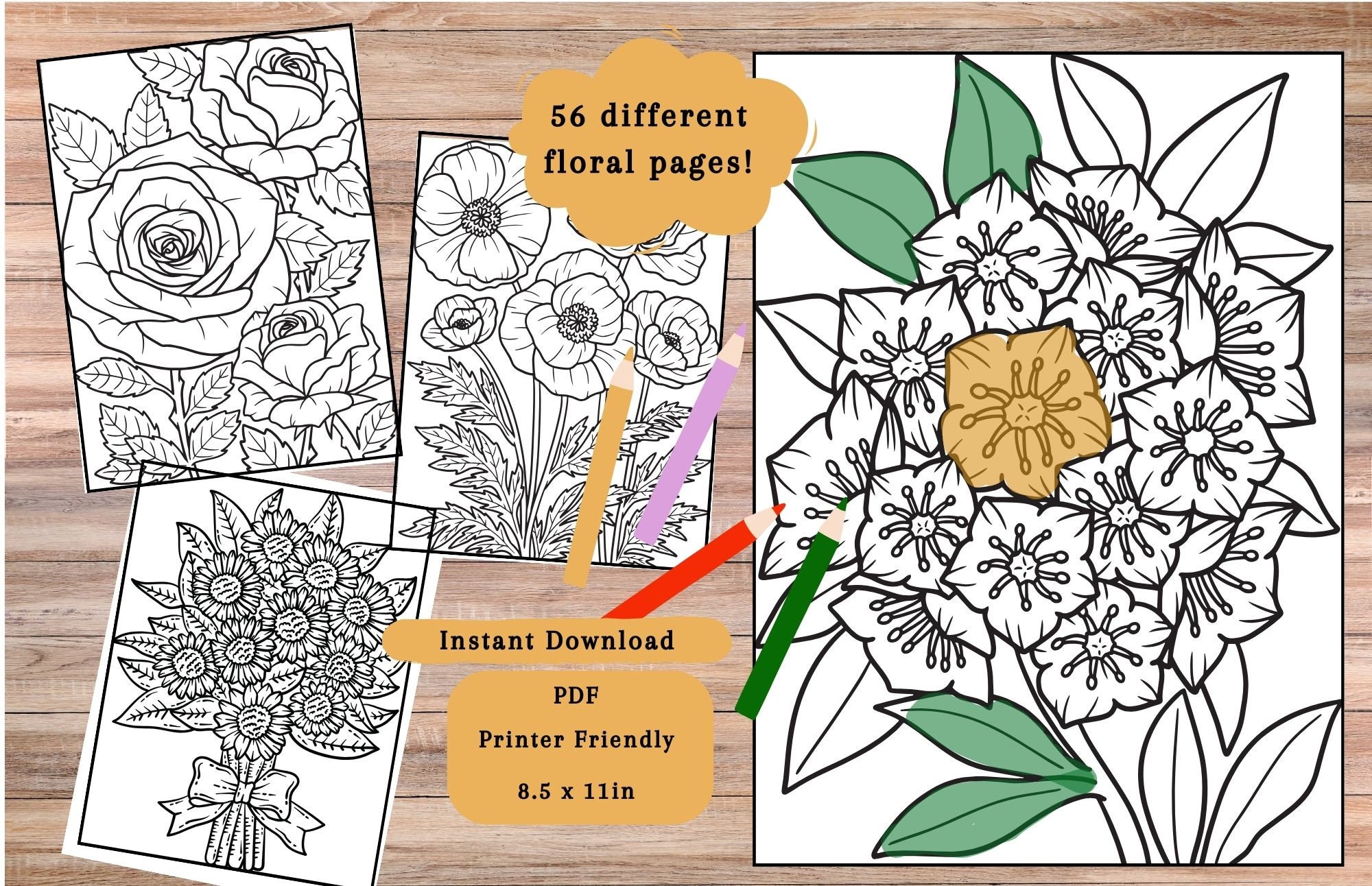 56 Floral Coloring Pages - Adult Coloring Pages - Stress Relief - Art ...