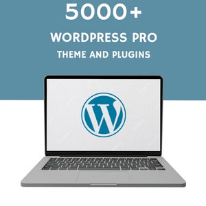 May include: A silver laptop computer with a white screen displaying the WordPress logo. The text "5000+ WordPress Pro Theme and Plugins" is displayed above the laptop.