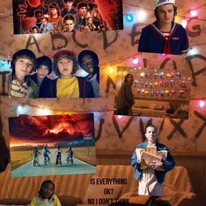 May include: A collage of images featuring characters and scenes from a popular science fiction series. The images include a group of children, a character in a sailor hat, and a scene with a wall of alphabet letters. Text includes "CAN'T SPELL AMERICA WITHOUT ERICA".