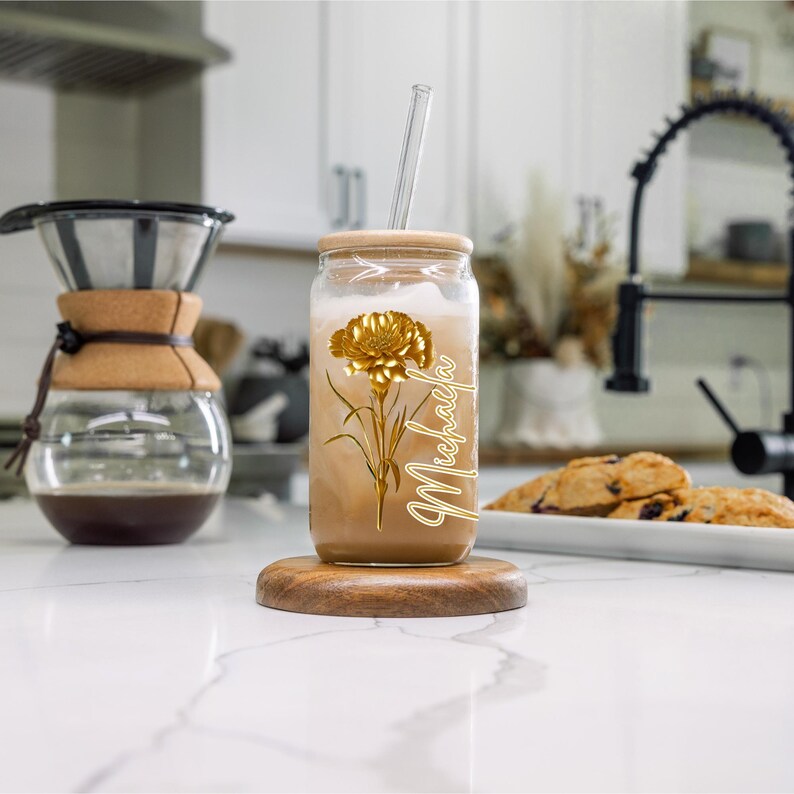 Personalized Glass Cup With Name and Birthflower, Custom Glass Coffee ...