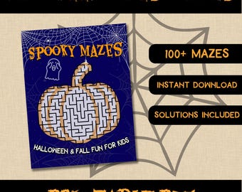 Könnte beinhalten: Druckbares Halloween-Labyrinth-Aktivitätsbuch mit über 100 Labyrinthen. Der Umschlag zeigt einen blauen Hintergrund mit einem Kürbislabyrinth und dem Text "Spooky Mazes".