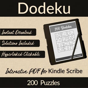 Może przedstawiać: Czarno-białe zdjęcie Kindle Scribe wyświetlające cyfrową książkę z łamigłówkami zatytułowaną "200 Dodeku". Tekst "Natychmiastowe pobranie", "Rozwiązania w zestawie" i "Hiperłącza klikalne" jest wyświetlany w czarnych ramkach na beżowym tle. Tekst "Interaktywny plik PDF dla Kindle Scribe" i "200 łamigłówek" jest wyświetlany czarnym kolorem na białym tle.