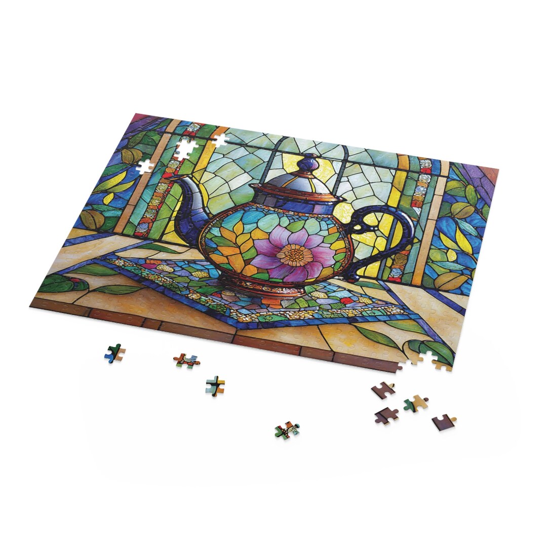 Decorative Stained Glass Teapot Puzzle Colorful Floral Jigsaw