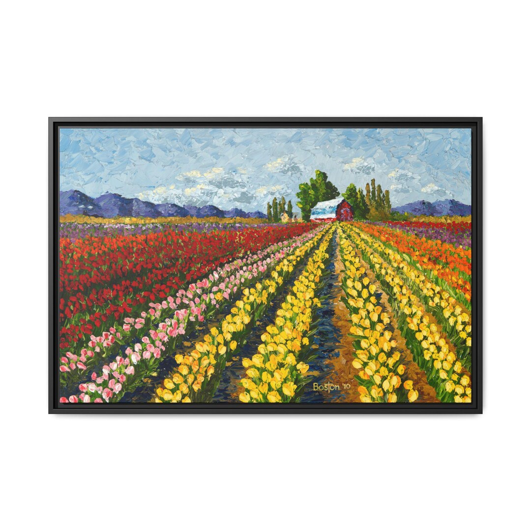Tulip Field Landscape Wall Art, Painting Print Framed Canvas, Farming ...