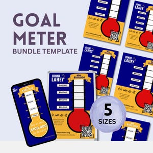 May include: A bundle template with a goal meter design. The design features a thermometer-style graphic with a red bulb and a blue background. The text includes "GOAL METER BUNDLE TEMPLATE" and "5 SIZES."