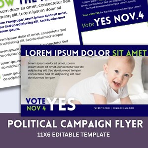 Può includere: Un modello di volantino per una campagna politica con l'immagine di un bambino, il testo "Vote YES NOV.4" e "LOREM IPSUM DOLOR SIT AMET". Il modello modificabile è 11x6 con uno schema di colori blu scuro e bianco.