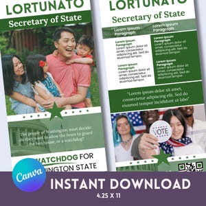 Puede incluir: Un folleto político para un candidato a Secretario de Estado, con una foto familiar y texto. El folleto es verde y blanco, con el nombre del candidato en la parte superior. Las dimensiones son 10,8 x 27,9 cm.