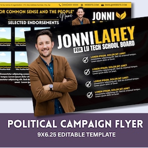 Può includere: Un modello di volantino per la campagna politica con un uomo in una giacca marrone. Il volantino include il nome "Jonni Lahey" e il testo "For LU Tech School Board". La parte inferiore del volantino recita "Political Campaign Flyer" e "9x6.25 Editable Template".