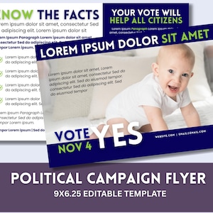 Può includere: Un modello di volantino per la campagna politica con un bambino sorridente. Il volantino contiene il testo "LOREM IPSUM DOLOR SIT AMET" e "VOTE YES NOV 4". Il volantino è di 22,86 x 15,88 cm ed è un modello modificabile.