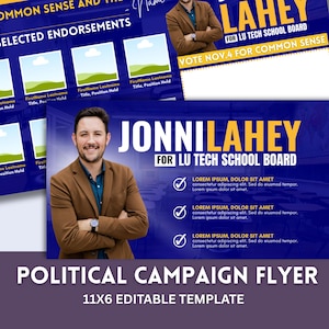 Può includere: Modello di volantino per campagna politica con un design blu e bianco. Il volantino presenta una foto di un uomo con una giacca marrone, il nome "JONNILAHEY" in giallo e il testo "FOR LU TECH SCHOOL BOARD".