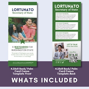 Puede incluir: Plantilla de tarjeta de visita verde y blanca para una campaña de Secretario de Estado. La parte delantera presenta una foto familiar y el texto "A Watchdog for Washington State". La parte trasera incluye información de contacto y un código QR.
