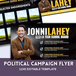 Può includere: Volantino per la campagna politica con la foto di un uomo con una giacca marrone. Il volantino include il testo "JONNILAHEY FOR LU TECH SCHOOL BOARD" e "VOTE NOV.4 FOR COMMON SENSE". Il modello è di 27,94 cm x 15,24 cm.