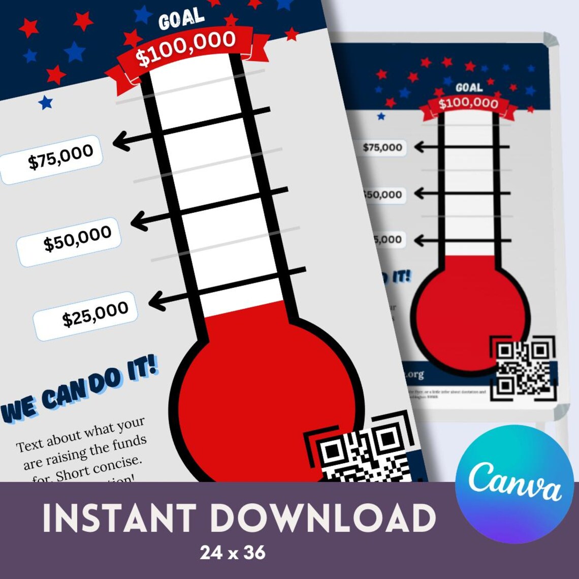 Editable Fundraising Thermometer Sign 24x36 Goal Meter Canva Template