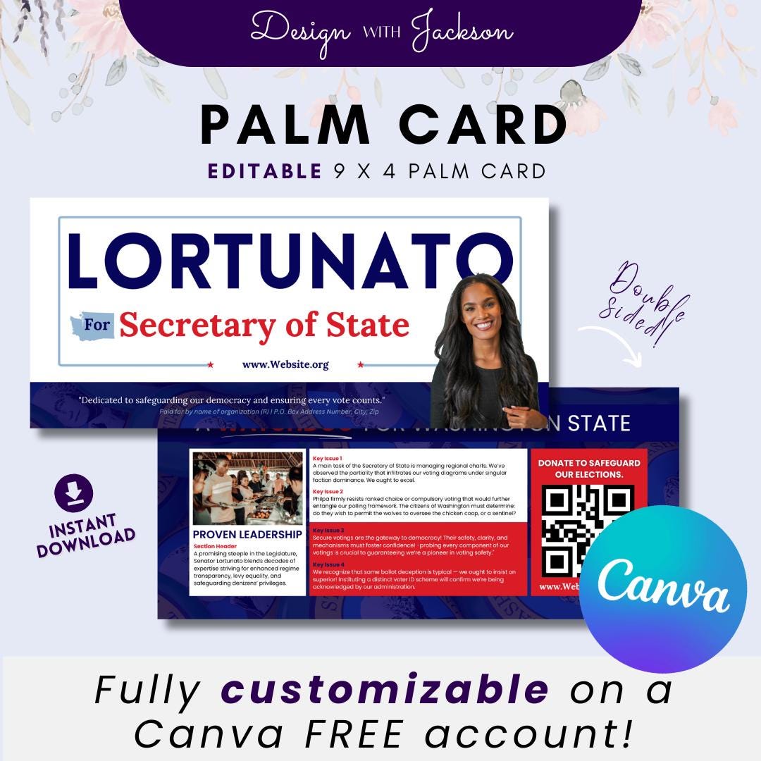 Palm Card Example Political Palm Card Canva Template | 9x4 Editable Rack Card ...