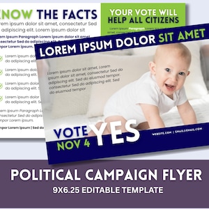 Può includere: Volantino per campagna politica con un bambino sorridente. Il volantino presenta il testo "VOTE YES NOV 4" e "LOREM IPSUM DOLOR SIT AMET". Il modello è 22,86 cm x 15,88 cm ed è modificabile.