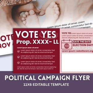 Può includere: Un modello di volantino per la campagna politica bordeaux con le parole "VOTE YES" in bianco. Il volantino include il testo "Prop. XXXX-LL" e "Election Day Nov. 3, 2026". Il volantino è un modello modificabile 11x6.