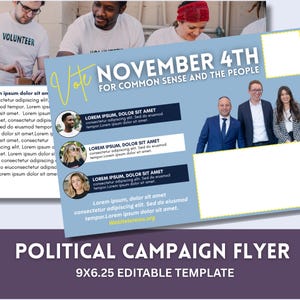 Può includere: Un volantino di campagna politica azzurro con il testo "Vota il 4 novembre per il buon senso e il popolo". Il volantino include spazio per foto e testo, e in basso si legge "Volantino di campagna politica 9x6.25 Modello modificabile."