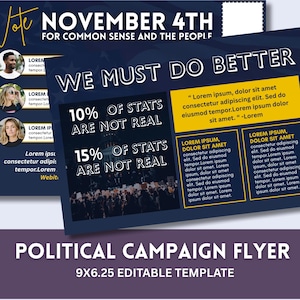 Può includere: Un volantino di campagna politica blu scuro con testo bianco che recita "4 novembre" e "Dobbiamo fare di meglio". Il volantino include il testo "Il 10% delle statistiche non sono reali" e "Il 15% delle statistiche non sono reali".