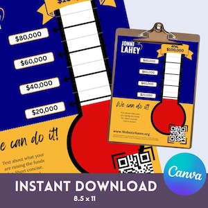 Puede incluir: Gráfico de termómetro de recaudación de fondos con un objetivo de 100.000 €. El diseño incluye el texto «¡Podemos hacerlo!» y «Descarga instantánea 8,5 x 11». El diseño está sobre un fondo azul.