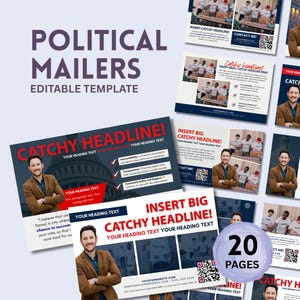 May include: A collection of political mailer templates with the text "Political Mailers Editable Template." The designs feature a man in a brown jacket, headlines, and space for text. The image includes the text "20 Pages."