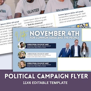 Può includere: Un volantino di campagna politica azzurro con il testo "November 4th For Common Sense and the People". Il volantino include immagini di persone e il testo "Political Campaign Flyer 11x6 Editable Template."