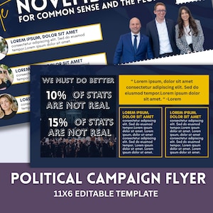 Può includere: Un volantino di campagna politica con sfondo blu scuro e riquadri di testo gialli. Il volantino include il testo "WE MUST DO BETTER" e "10% OF STATS ARE NOT REAL". Presenta anche immagini di persone e il testo "POLITICAL CAMPAIGN FLYER 11x6 EDITABLE TEMPLATE."