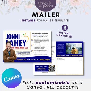 Può includere: Un modello di mailing 9x6 personalizzabile con un design floreale. Il mailing presenta il nome di un candidato, Jonni Lahey, e un invito al voto. Include spazio per un titolo, informazioni di contatto ed è modificabile su Canva.