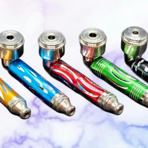 May include: Five metal smoking pipes with colorful designs. Each pipe has a silver-colored bowl and mouthpiece. The stems are painted in yellow, blue, red, green, and black with decorative patterns.