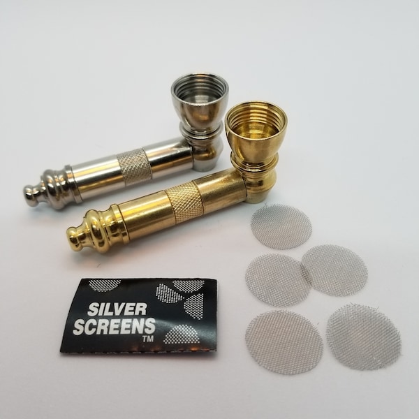 Solid Brass or Nickel center grip discreet smoking pipe 5 free screens