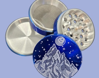 Etched Mountains and Moon Herb Grinder: 63mm ZincAlloy, 4-Piece Design Tobacco Grinder