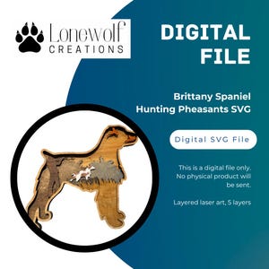 Può includere: Un design a strati in legno tagliato al laser di un Brittany Spaniel, con un tema di caccia al fagiano. Il file digitale include 5 strati ed è un file SVG digitale. Il design è su uno sfondo blu scuro con il testo "DIGITAL FILE".