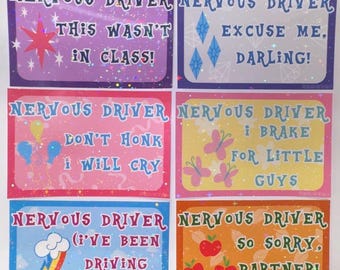 Sparkly Nervous Driver MLP Vinyl Bumper Sticker: Mane 6 Twilight Sparkle Rarity Fluttershy Applejack Rainbow Dash Pinkie Pie