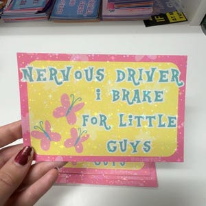 Pu&ograve; includere: Un adesivo rettangolare con centro giallo e bordo rosa caratterizzato da un motivo a stelle olografiche. Il testo NERVOUS DRIVER I BRAKE FOR LITTLE GUYS &egrave; scritto in blu, accompagnato da tre illustrazioni di farfalle rosa sulla sinistra.