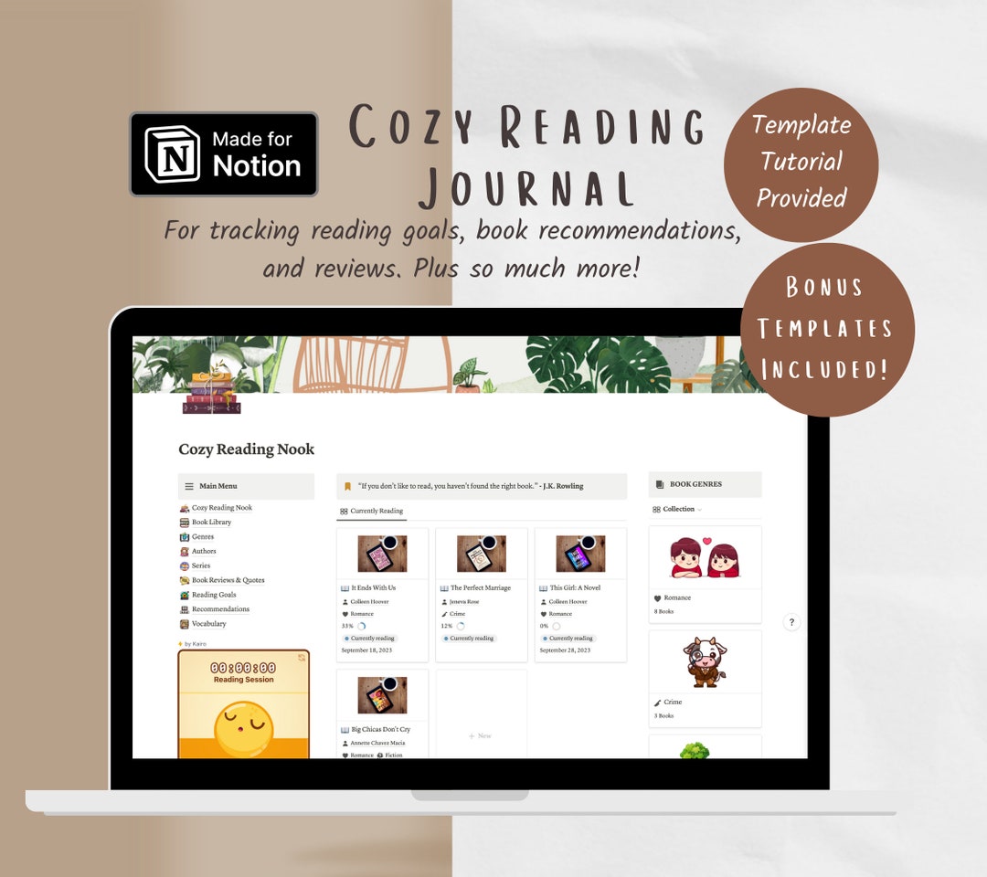Aesthetic Notion Templatecozy Digital Reading Journalplanner Template