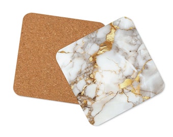 May include: Two square coasters, one with a cork surface and the other with a white marble pattern with gold accents.