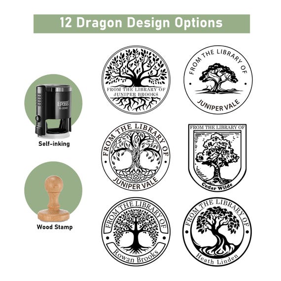 Personalized BOOK STAMP, 12 Tree of Life Designs, Wood & Self-Inking, Library Gift for Book Lovers, 40mm, Eco-Friendly Ink, 4 colors