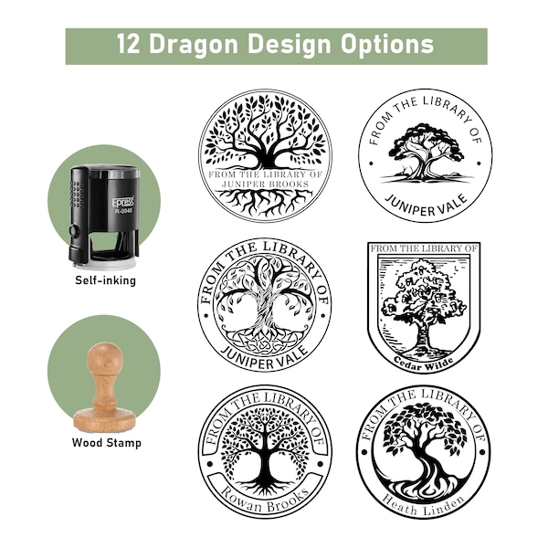 May include: Twelve different designs for a self-inking stamp featuring a tree with the text "From the Library of" and the name of a library. The designs include a variety of tree styles and fonts.