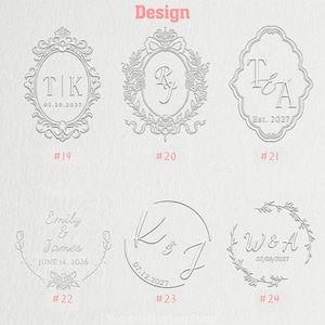 May include: A collection of six design options for personalized stamps. The designs include initials, dates, and decorative frames. The text "Design" is at the top. The designs are numbered from #19 to #24.