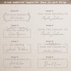May include: A collection of eight embossed book stamp designs on a light textured background. Each design features personalized names and phrases like This Book Belongs To, From The Library Of, or Ex Library, framed by various borders and floral motifs.