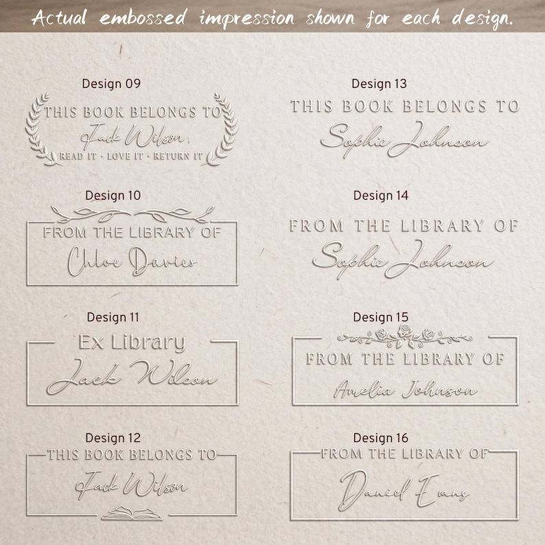 May include: A collection of eight embossed book stamp designs on a light textured background. Each design features personalized names and phrases like This Book Belongs To, From The Library Of, or Ex Library, framed by various borders and floral motifs.