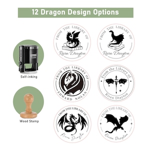TAMPON DE LIVRE PERSONNALISÉ, 12 dessins de dragons, Tampon auto-encreur, Embosseuse de livre, Tampon personnalisé, Tampon d'ex-libris, Cadeau pour amoureux des livres