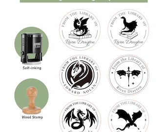 May include: Twelve different designs for a self-inking stamp featuring a dragon and the text "From the Library of". The designs include a dragon with wings spread, a dragon curled around a book, and a dragon with stars. The text "Riven Drayton" is included in most of the designs.
