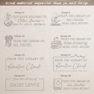May include: A collection of eight embossed book stamp designs on textured paper. Each design features unique illustrations like open books, stacks of books, flowers, and moons, paired with personalized text such as 'From the Library of' and names.